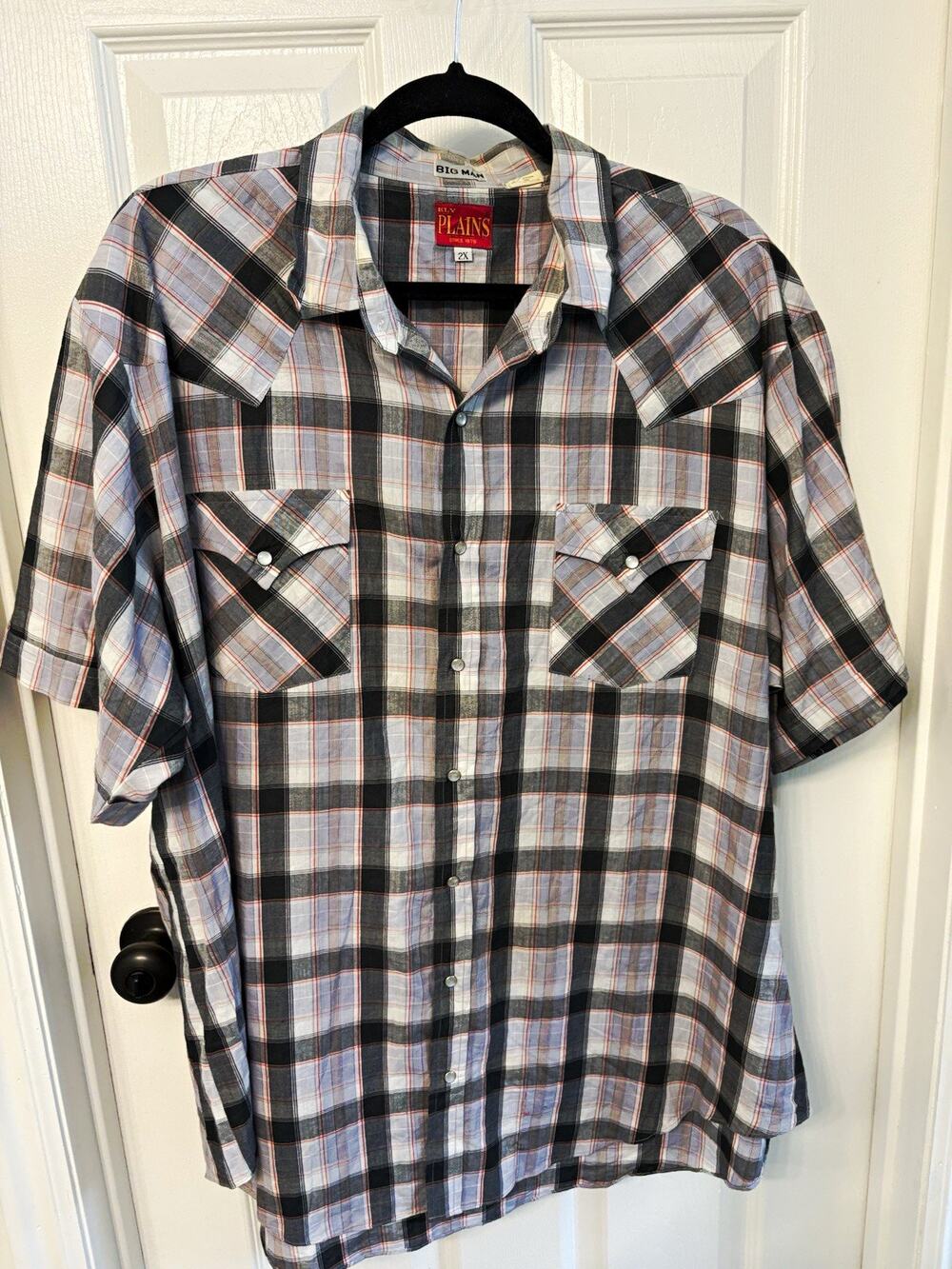 Ely Plains 2XL Big & Tall Gray/Black/White Plaid Woven Button-Up Pearl Snaps